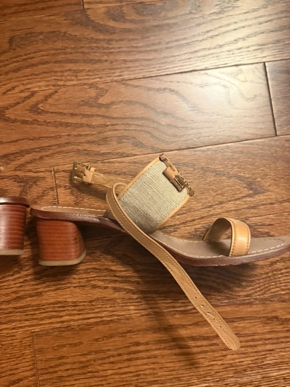 Tory Burch Tan Leather & Canvas Logo-Buckle Sandals
